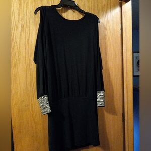 Womens Moda International Dress Black Open Back Long Slit Sequin Sleeve Sz S/P